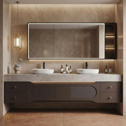 60''-96'' Double Bathroom Vanity with Sink Slatted Front Open Shelving Cabinet