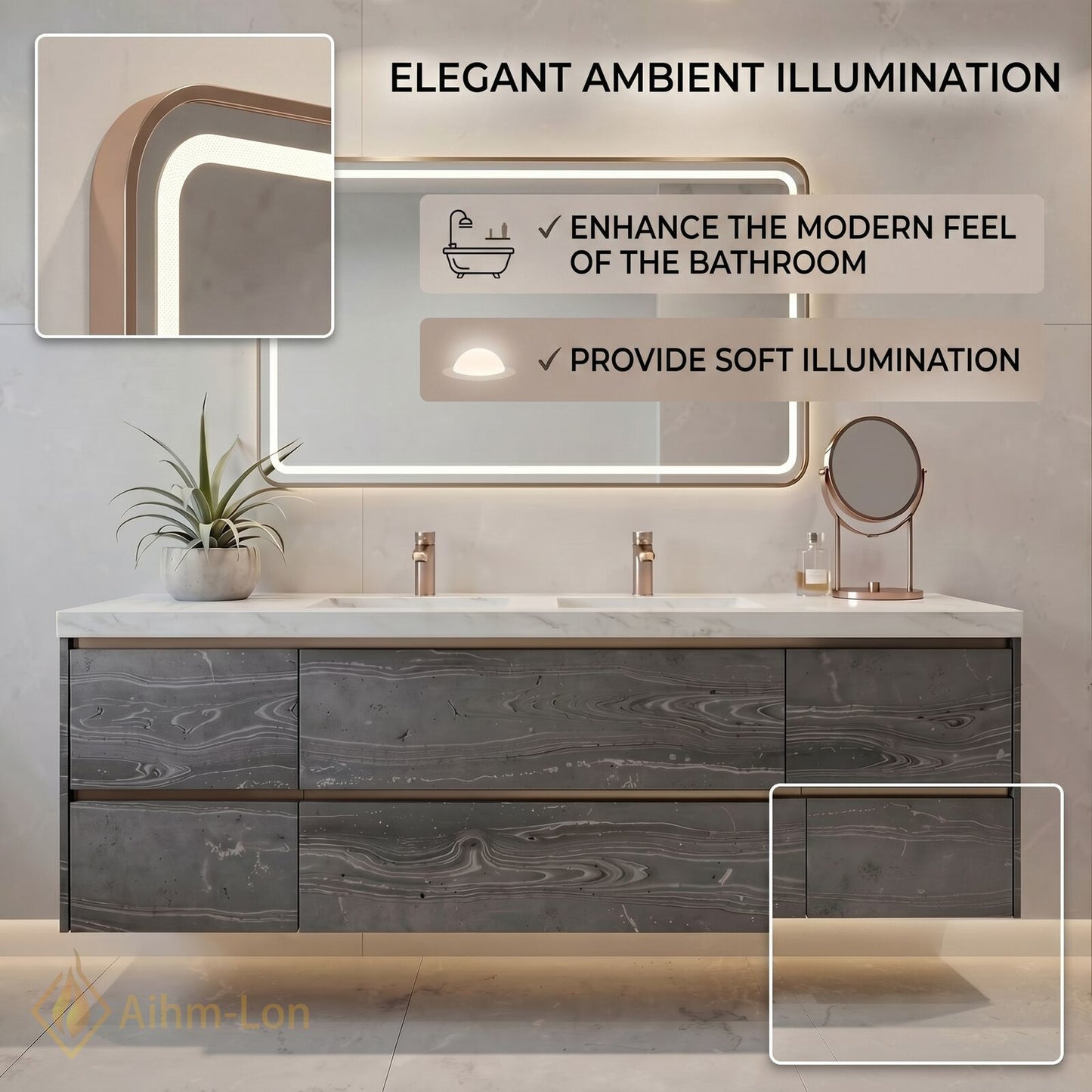 60''-96'' Floating Bathroom Vanity with Sink Charcoal Grey Marble-Style Drawers Cabinet