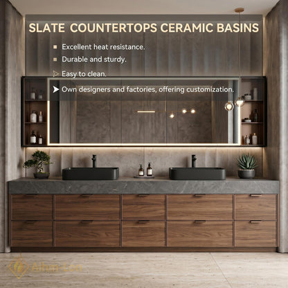 60''-96'' Double Bathroom Vanity with Sink Dark-Wood Modern Basins Vessel Wide