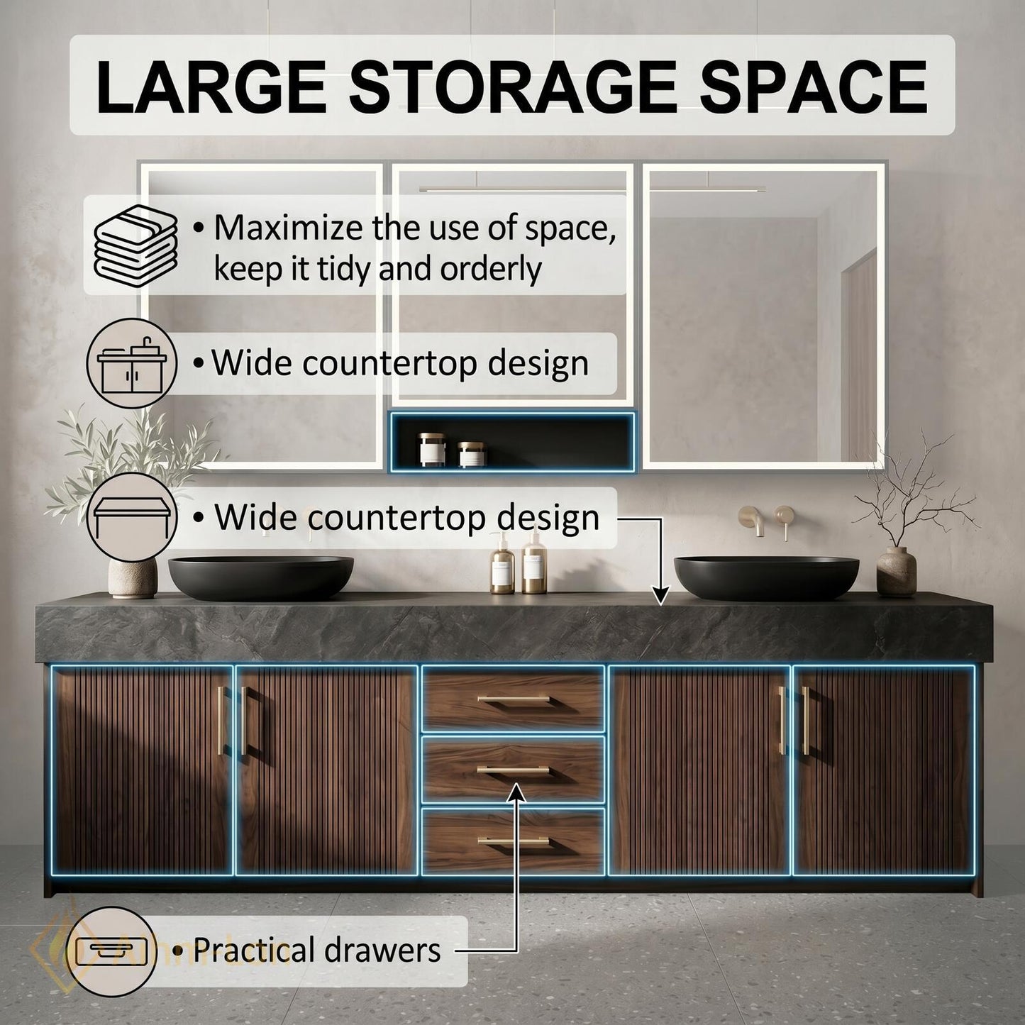 60''-96'' Double Bathroom Vanity with Sink Dark Stone Top Slatted Wood Drawers