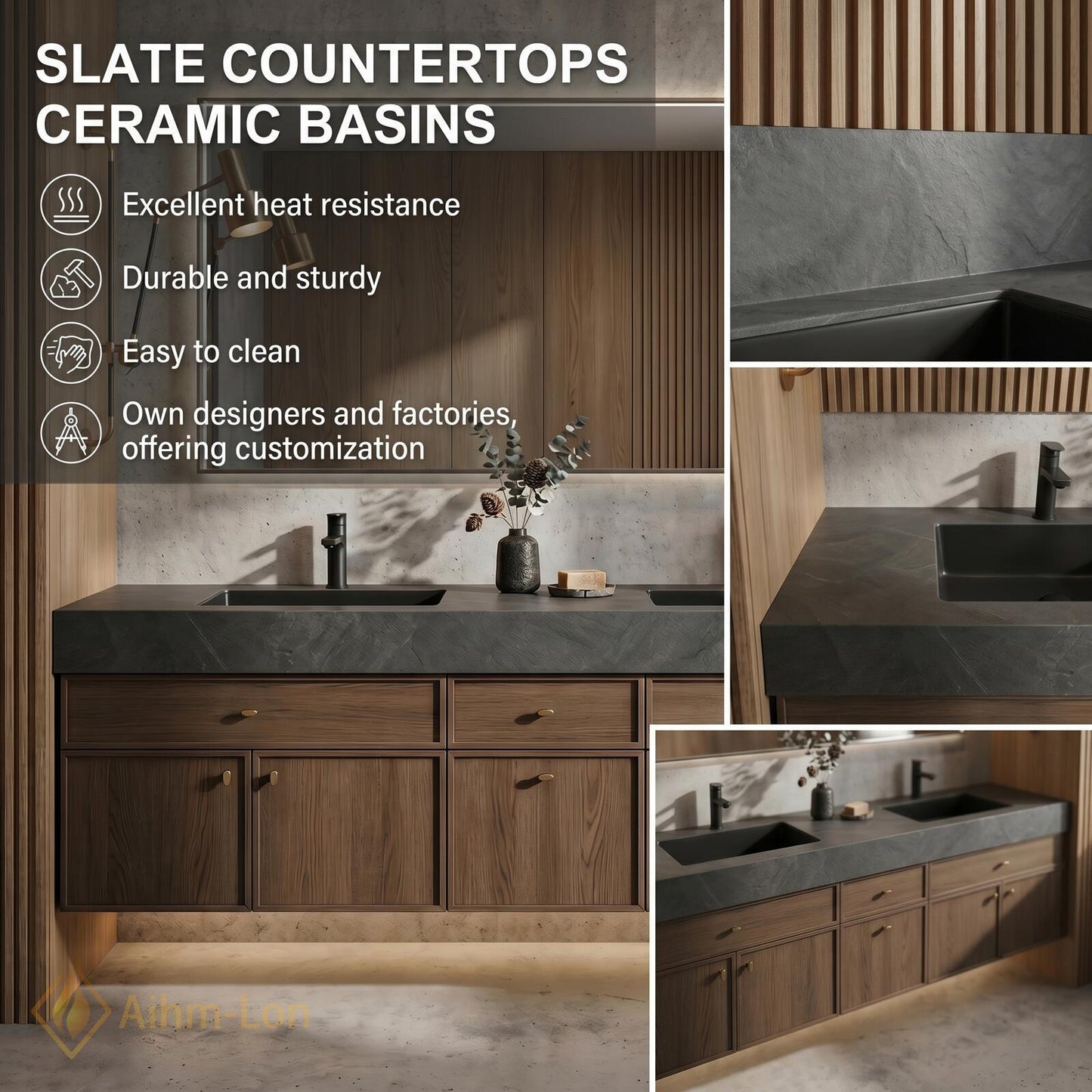 70''-96'' Double Bathroom Vanity with Sink Floating Modern Basins Dark Stone Countertop