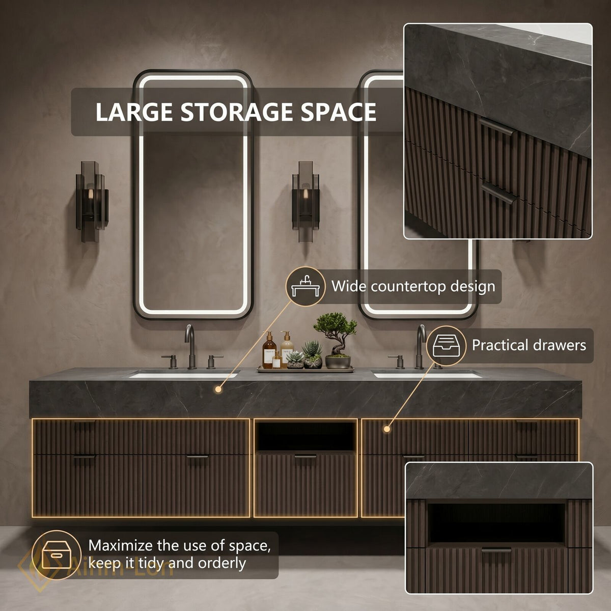 78''-96'' Double Bathroom Vanity with Sink Floating Storage Drawers Dark Stone Modern