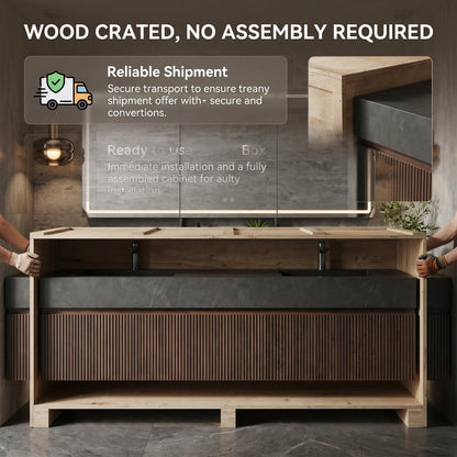 60''-96'' Double Bathroom Vanity with Sink Modern Floating Dark Stone Slatted Front Panel