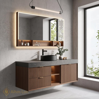 36''-110'' Floating Bathroom Vanity with Sink Slatted Front Grey Top Wood Drawers