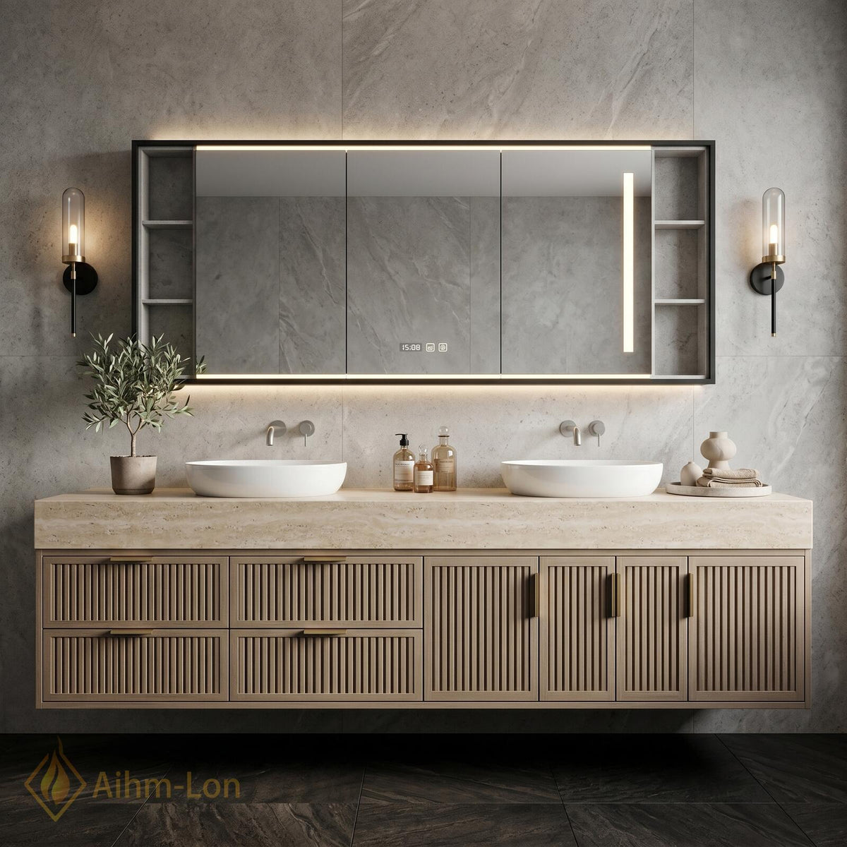 60''-96'' Double Bathroom Vanity with Sink Modern Floating Slatted Panel Wide Stone