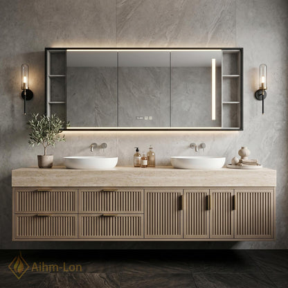 60''-96'' Double Bathroom Vanity with Sink Modern Floating Slatted Panel Wide Stone