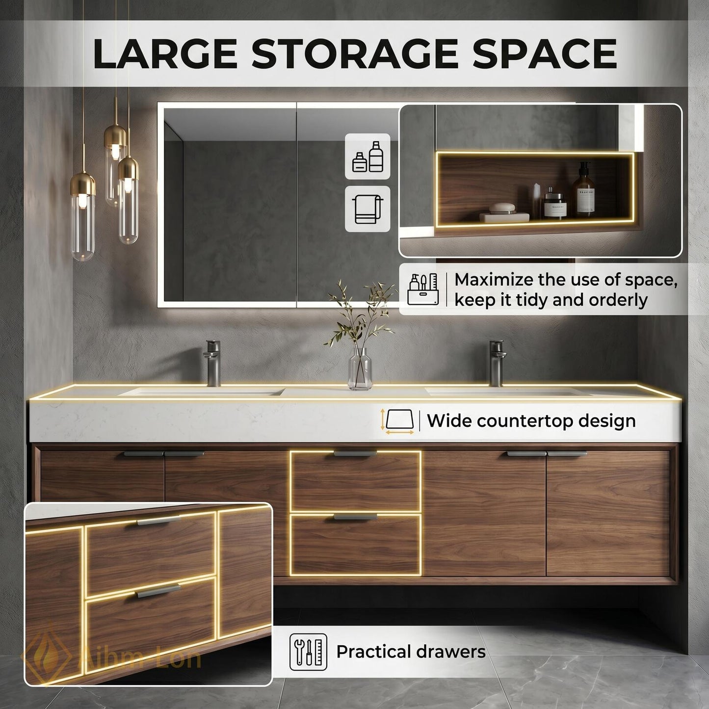 70''-96'' Modern Double Bathroom Vanity with Sink Floating Warm Walnut Open Shelving