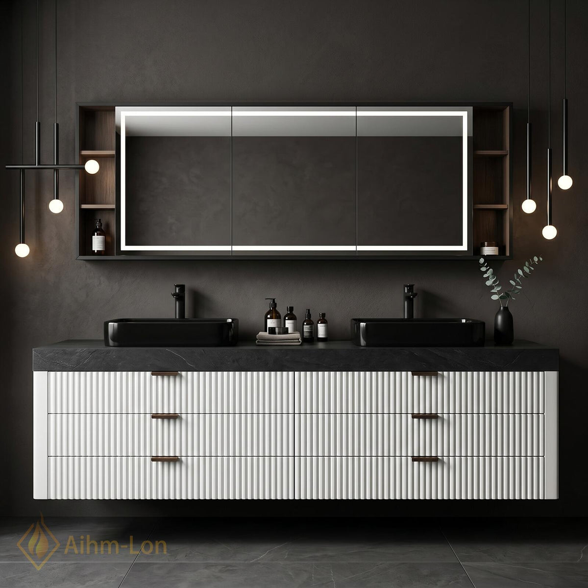 60''-96'' Double Bathroom Vanity with Sink Textured Vertical Drawers Dark Stone Top