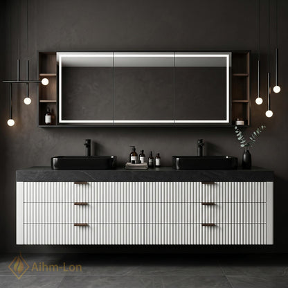 60''-96'' Double Bathroom Vanity with Sink Textured Vertical Drawers Dark Stone Top
