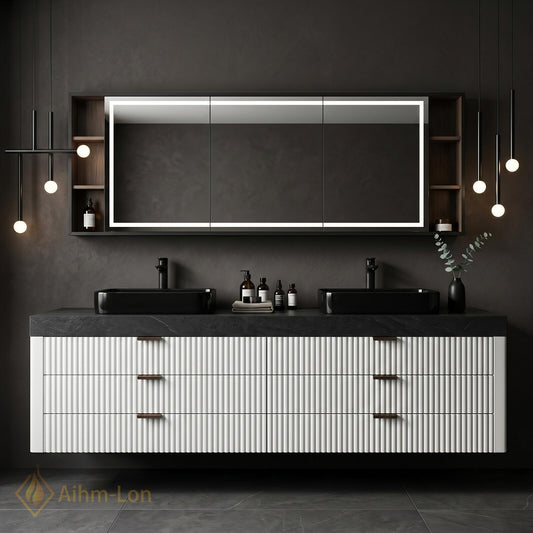 60''-96'' Double Bathroom Vanity with Sink Textured Vertical Drawers Dark Stone Top