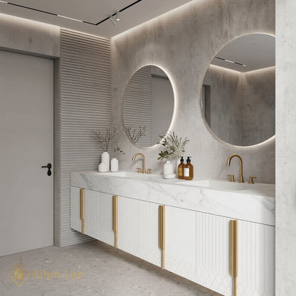 78''-96'' Double Bathroom Vanity with Sink White Marble Look Top Slatted Doors