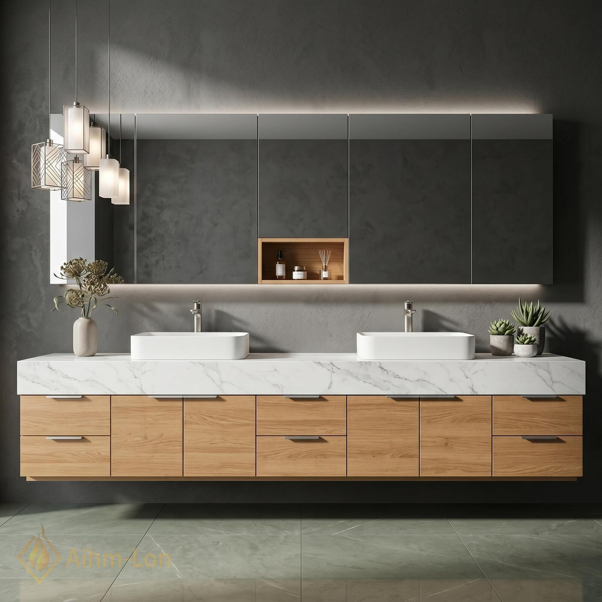60''-96'' Double Bathroom Vanity with Sink White Marble-look Top Natural Oak Spacious Drawers