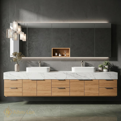 60''-96'' Double Bathroom Vanity with Sink White Marble-look Top Natural Oak Spacious Drawers