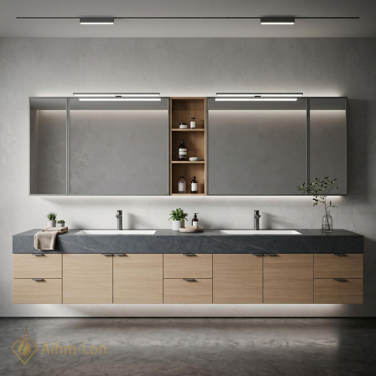 60''-96'' Double Bathroom Vanity with Sink Floating Oak Finish Slatted Open Shelving