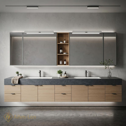 60''-96'' Double Bathroom Vanity with Sink Floating Oak Finish Slatted Open Shelving