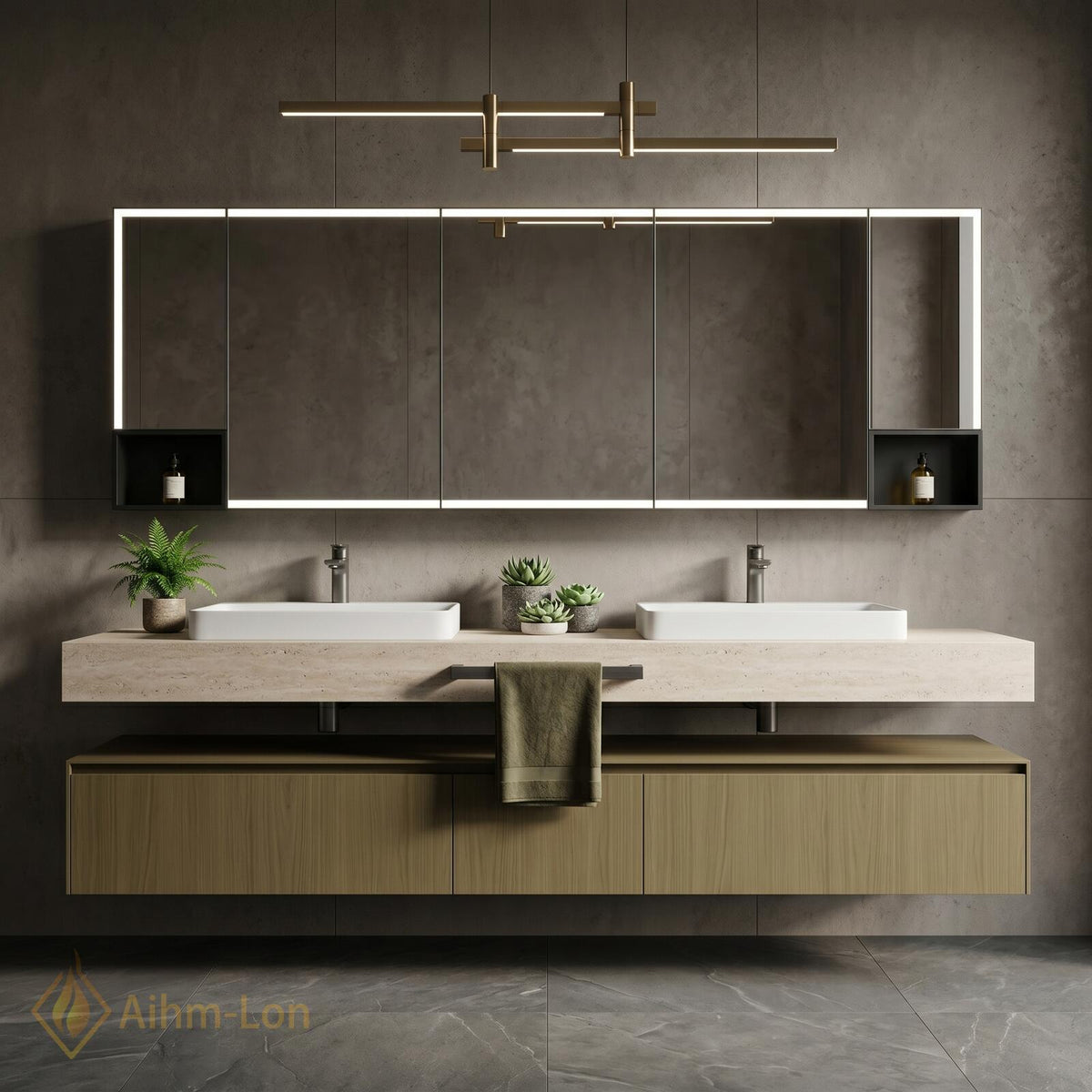 60''-96'' Double Bathroom Vanity with Sink Stone Top Wood Base Open Shelving