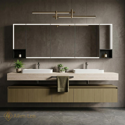 60''-96'' Double Bathroom Vanity with Sink Stone Top Wood Base Open Shelving