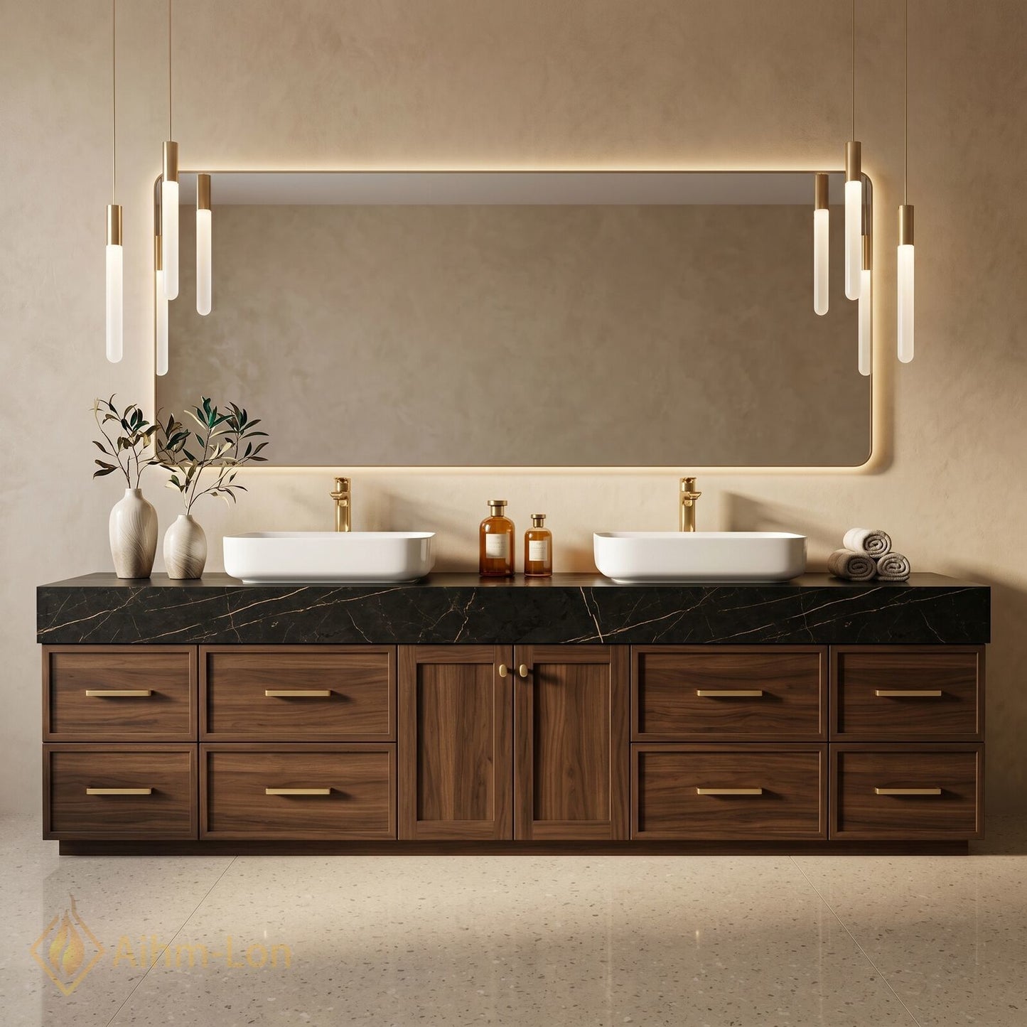 76''-96'' Double Bathroom Vanity with Sink Wood-Grain Dark Marble Top Grained Drawers