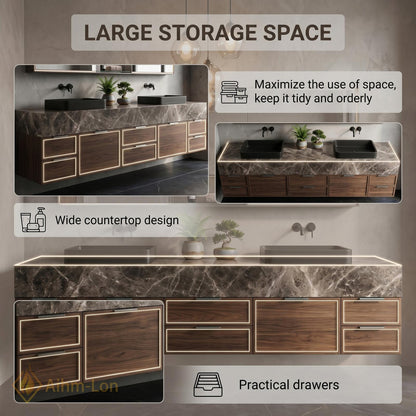 60''-96'' Double Bathroom Vanity with Sink Dark Walnut Grain Floating Open Shelving
