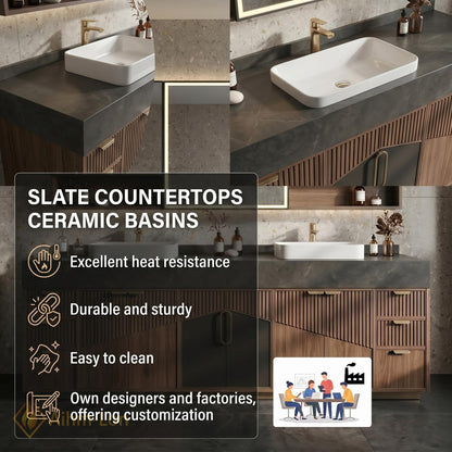 60''-96'' Double Bathroom Vanity with Sink Dark Stone Slatted Wood Panels Shelving