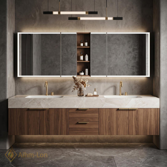 60''-96'' Double Bathroom Vanity with Sink Floating Dark Walnut Finish Slatted Panel