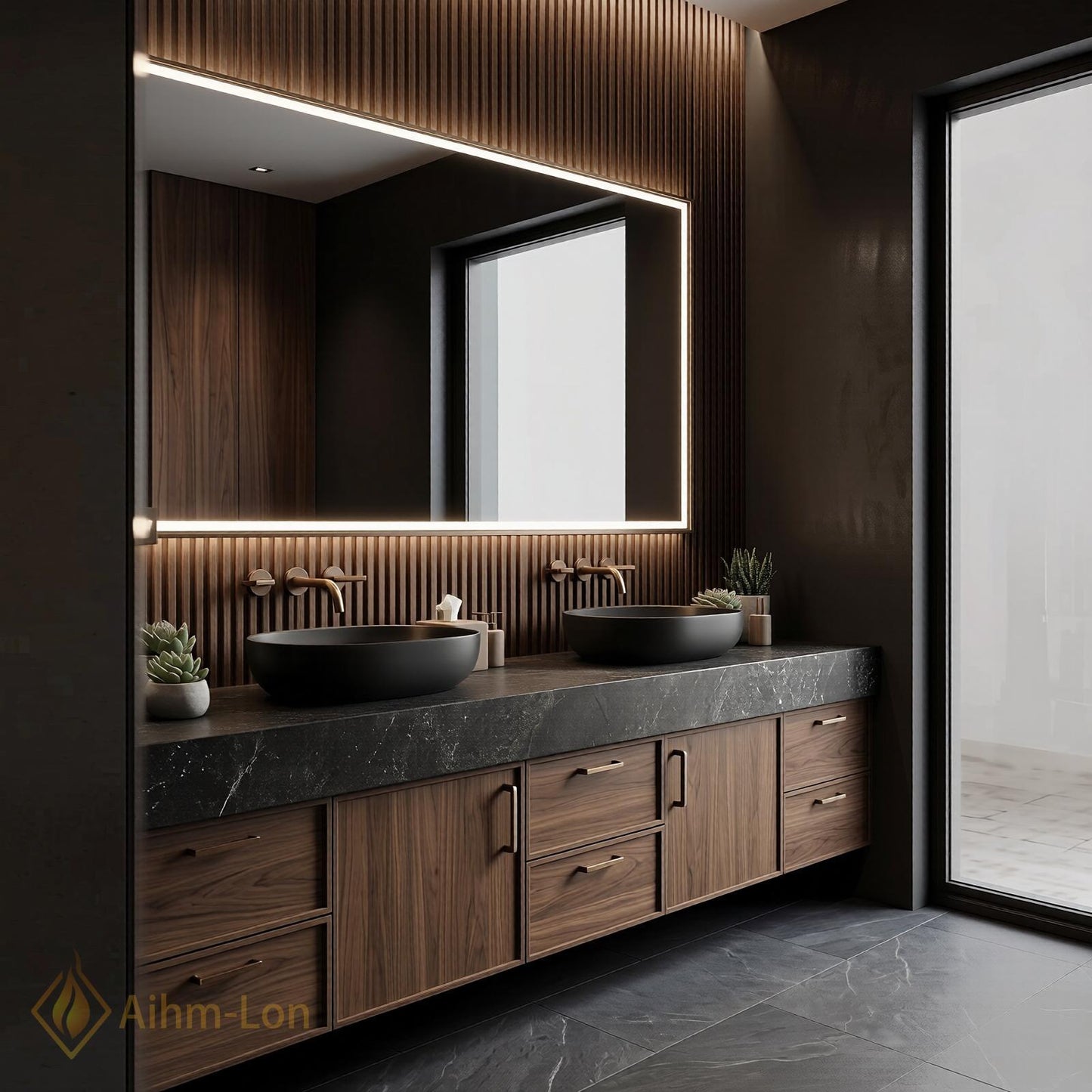 70''-96'' Double Bathroom Vanity with Sink Wood Walnut Modern Slatted Back Rich