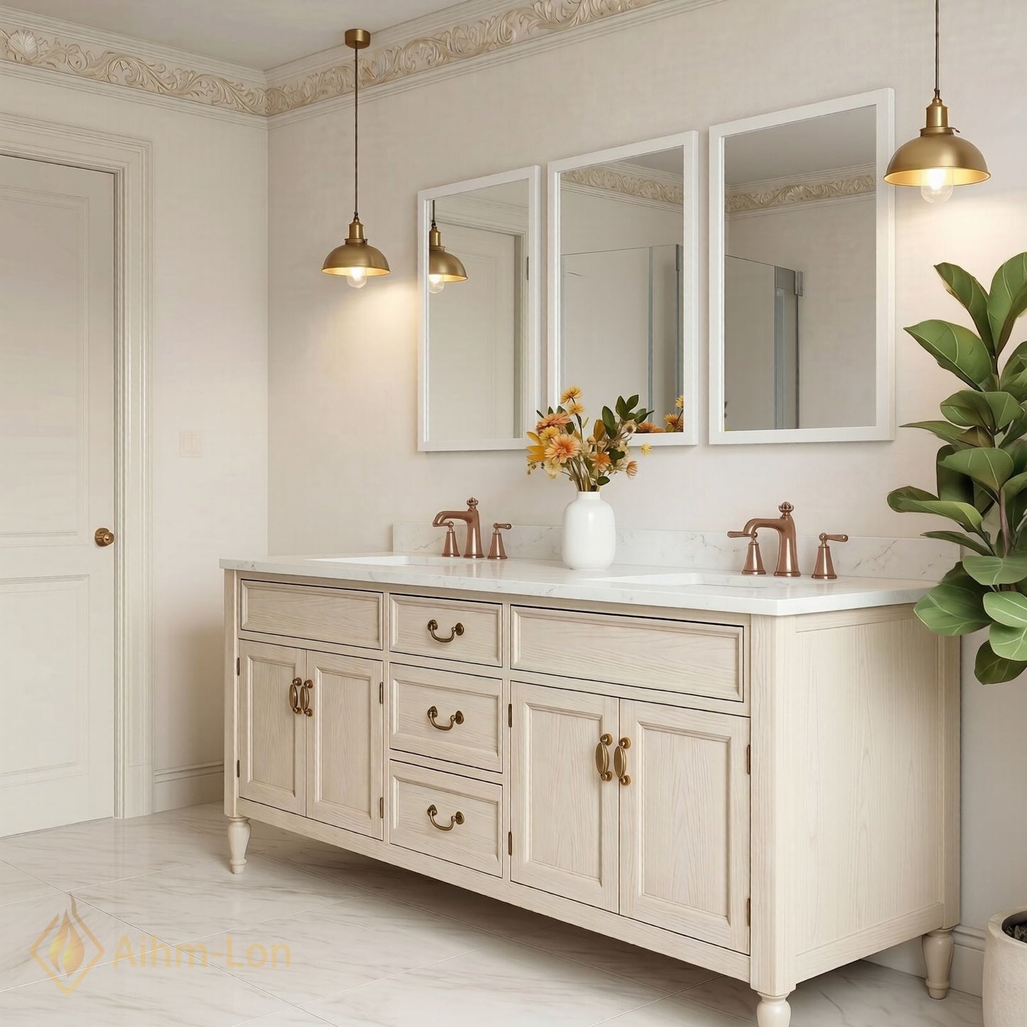 76''-96'' Classic Bathroom Vanity with Sink Light Wood Grain Marble Shaker Drawers