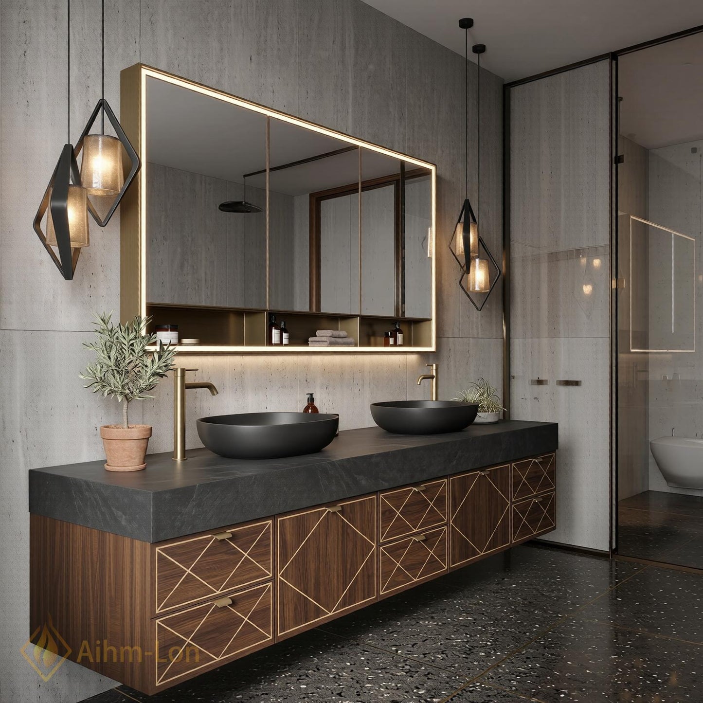 72''-96'' Double Bathroom Vanity with Sink Dark Modern Floating Stone-Top Basins