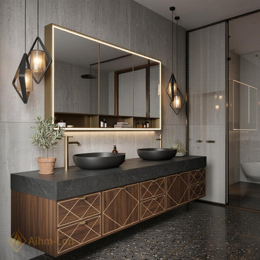 72''-96'' Double Bathroom Vanity with Sink Dark Modern Floating Stone-Top Basins