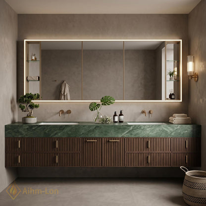 72''-96'' Double Bathroom Vanity with Sink Dark-Walnut Green Modern Floating Slatted