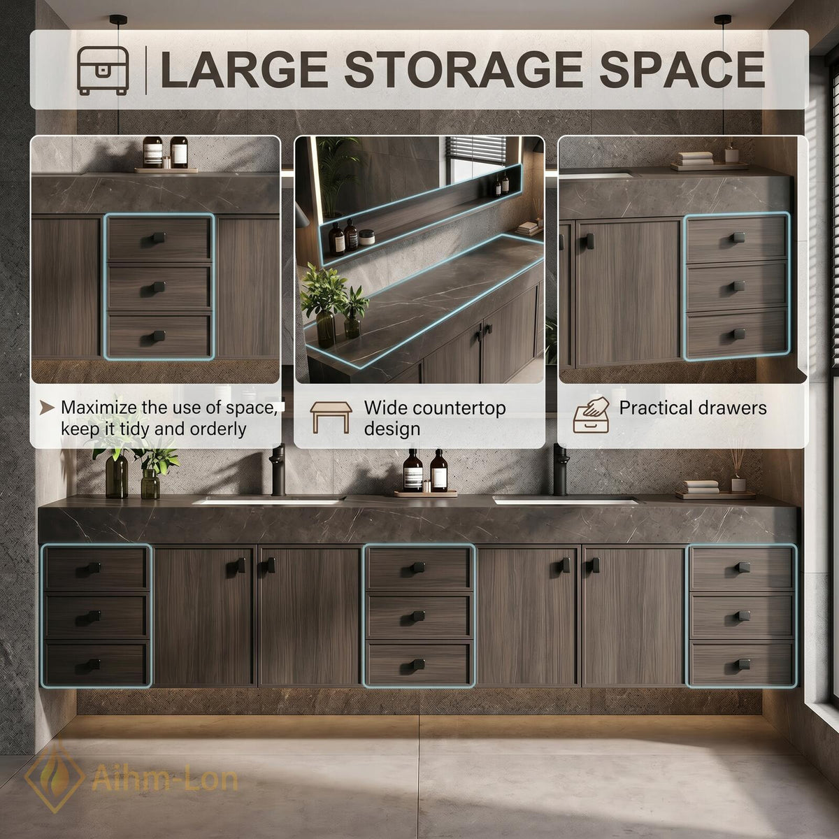 76''-96'' Bathroom Vanity with Sink Floating Double Dark Grey Wood Grain Spacious
