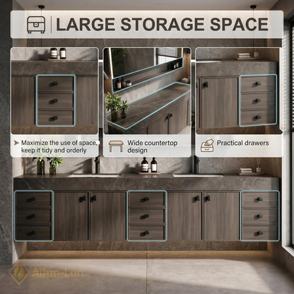 76''-96'' Bathroom Vanity with Sink Floating Double Dark Grey Wood Grain Spacious