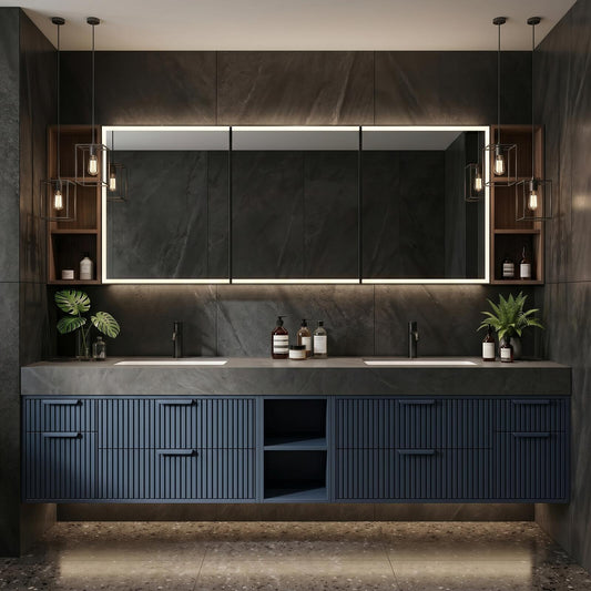 60''-96'' Double Bathroom Vanity with Sink Modern Floating Slate-Gray Finish Slatted Front