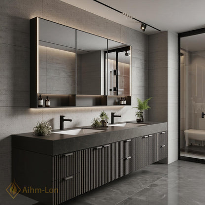 72''-96'' Double Bathroom Vanity with Sink Dark Grey Floating Panels Stone Ribbed