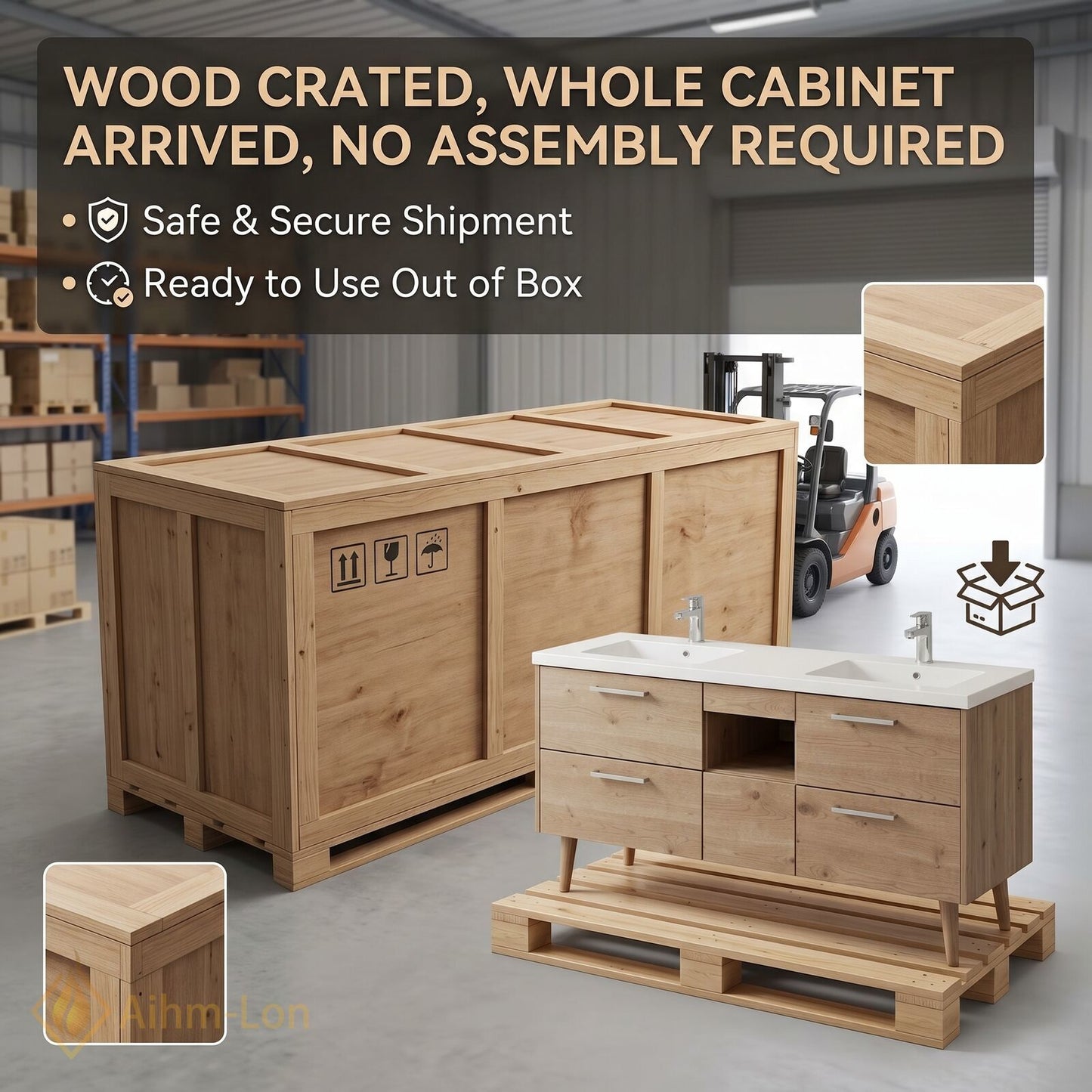 60''-96'' Spacious Bathroom Vanity with Sink Double Sink Natural Wood Grain Open Center