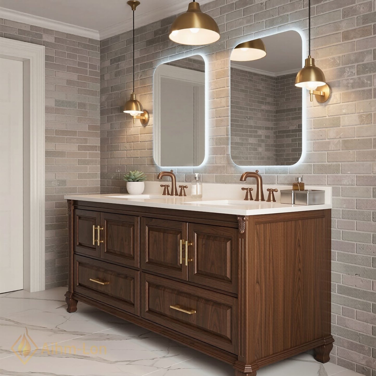 70''-96'' Modern Bathroom Vanity with Sink Dark Wood Rectangular Base Gold Drawers
