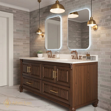 70''-96'' Modern Bathroom Vanity with Sink Dark Wood Rectangular Base Gold Drawers
