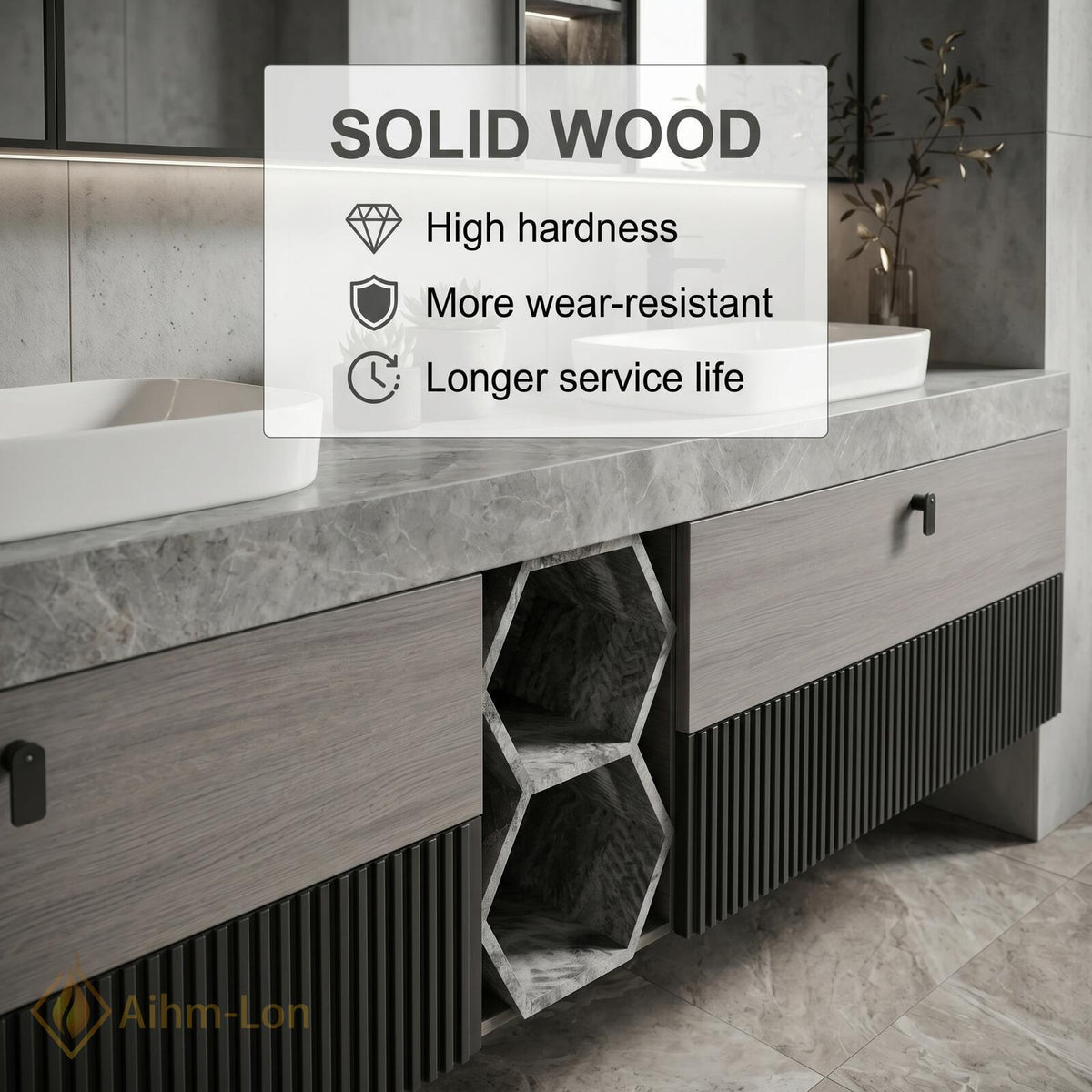 60''-96'' Double Bathroom Vanity with Sink Slate Grey Stone Slatted Center Panel