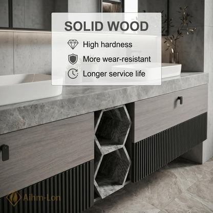 60''-96'' Double Bathroom Vanity with Sink Slate Grey Stone Slatted Center Panel