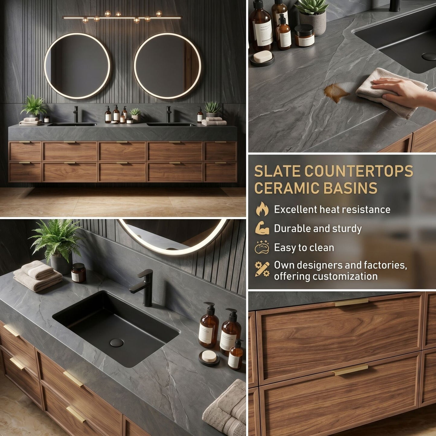 70''-96'' Floating Bathroom Vanity with Sink Double Circular Mirrors Warm Wood Grain Cabinet