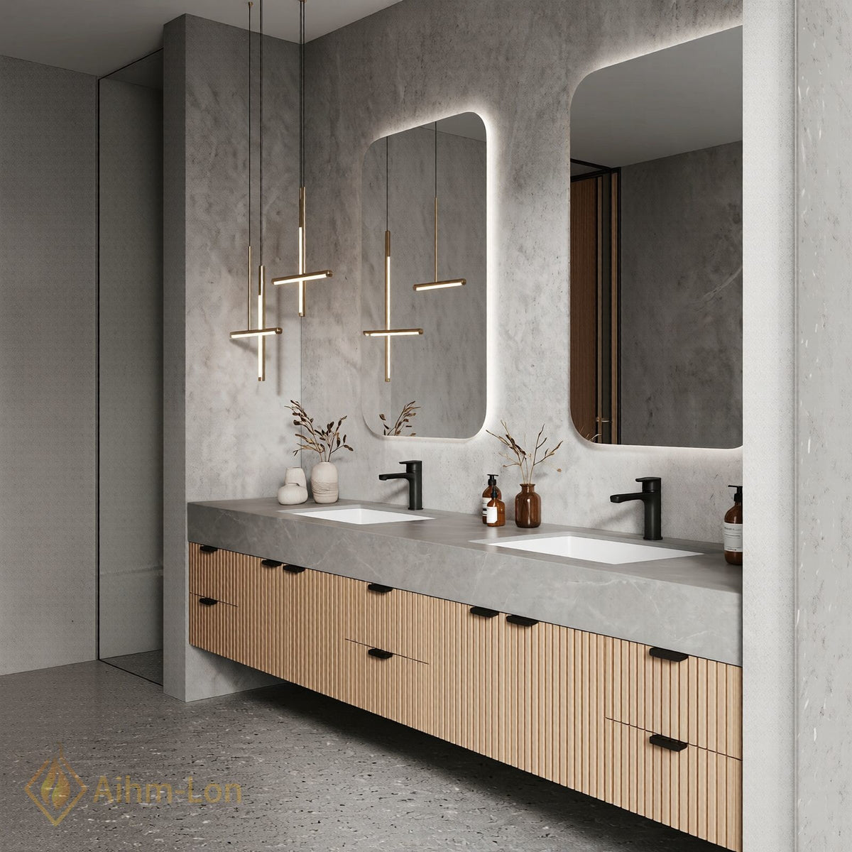 60''-96'' Double Bathroom Vanity with Sink Slatted Wood Front Stone Top Storage