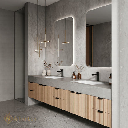 60''-96'' Double Bathroom Vanity with Sink Slatted Wood Front Stone Top Storage