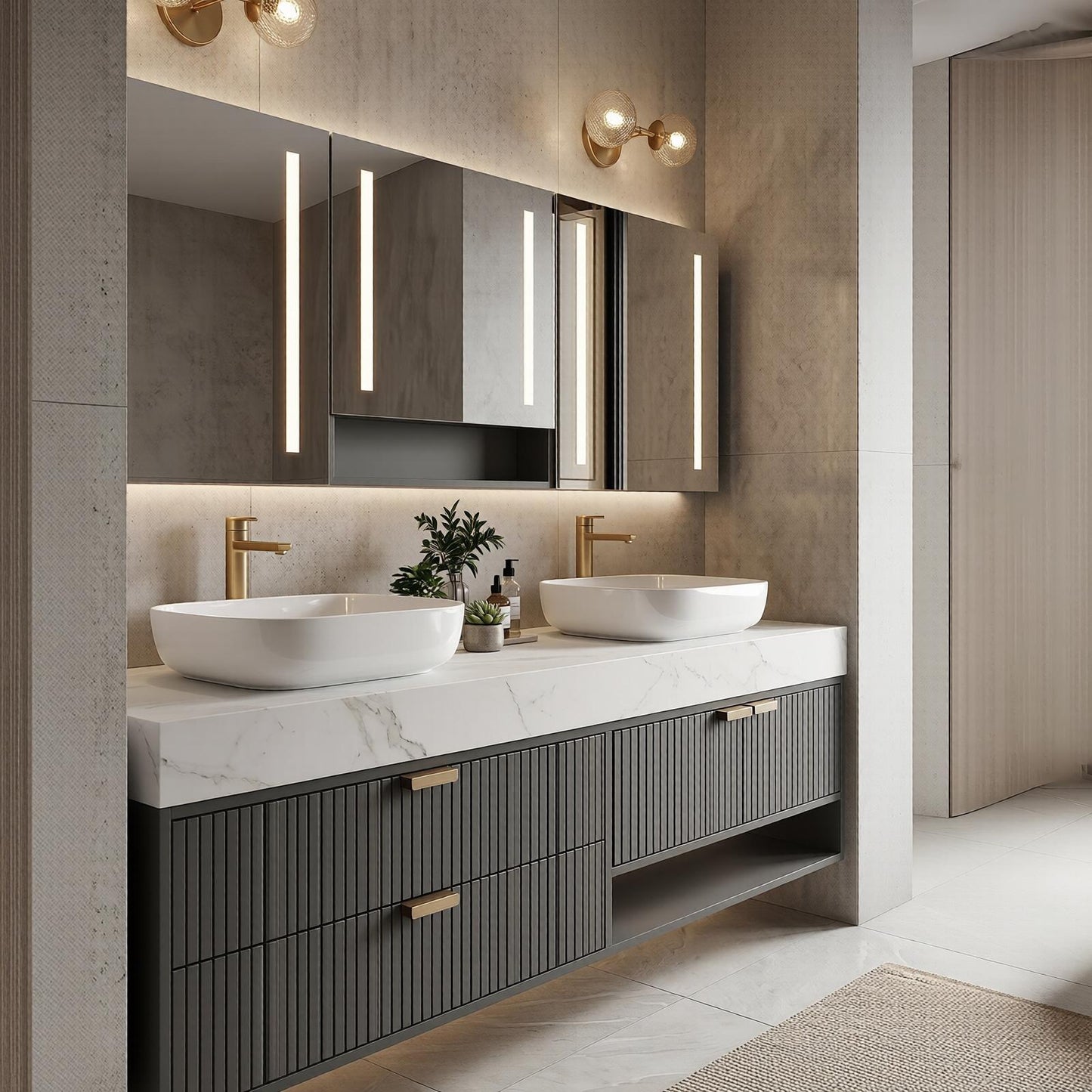 60''-96'' Modern Bathroom Vanity with Sink Floating Double Slatted Doors Marble-Style Top
