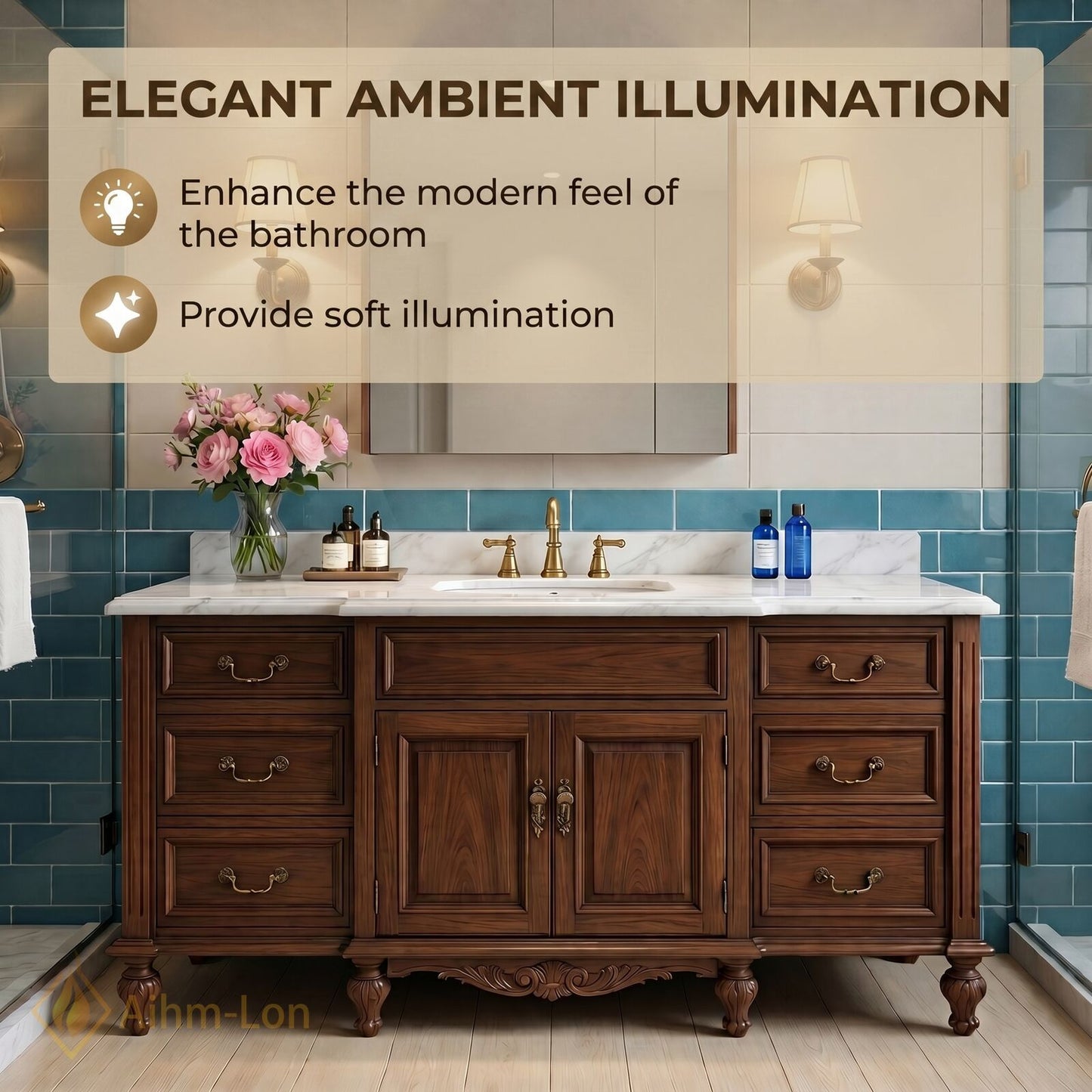 50''-64'' Elegant Bathroom Vanity with Sink Classic Carved Marble Drawers Wood Cabinet