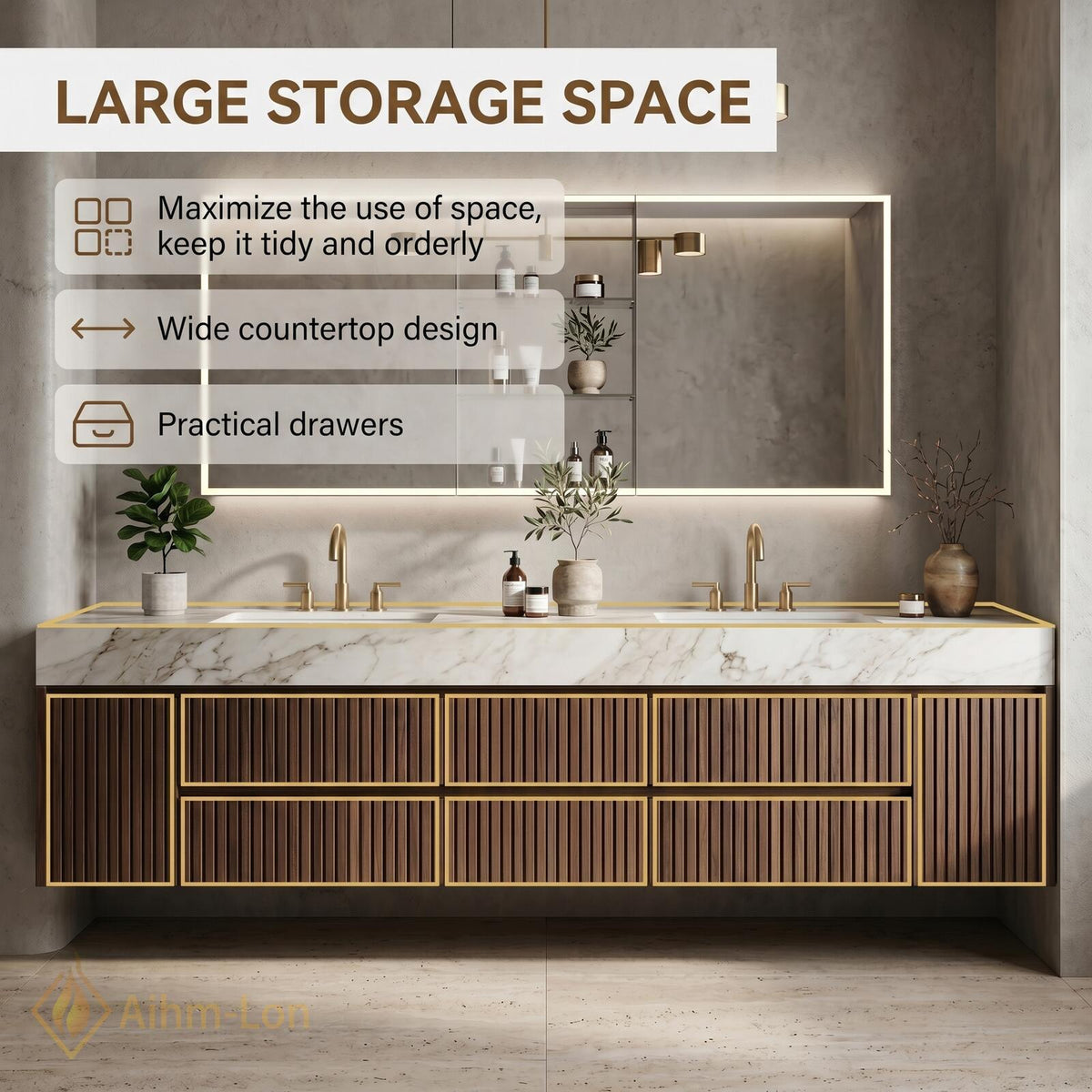 60''-96'' Double Bathroom Vanity with Sink Modern Floating Dark Wood Slats Marble Top