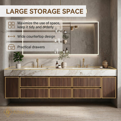 60''-96'' Double Bathroom Vanity with Sink Modern Floating Dark Wood Slats Marble Top