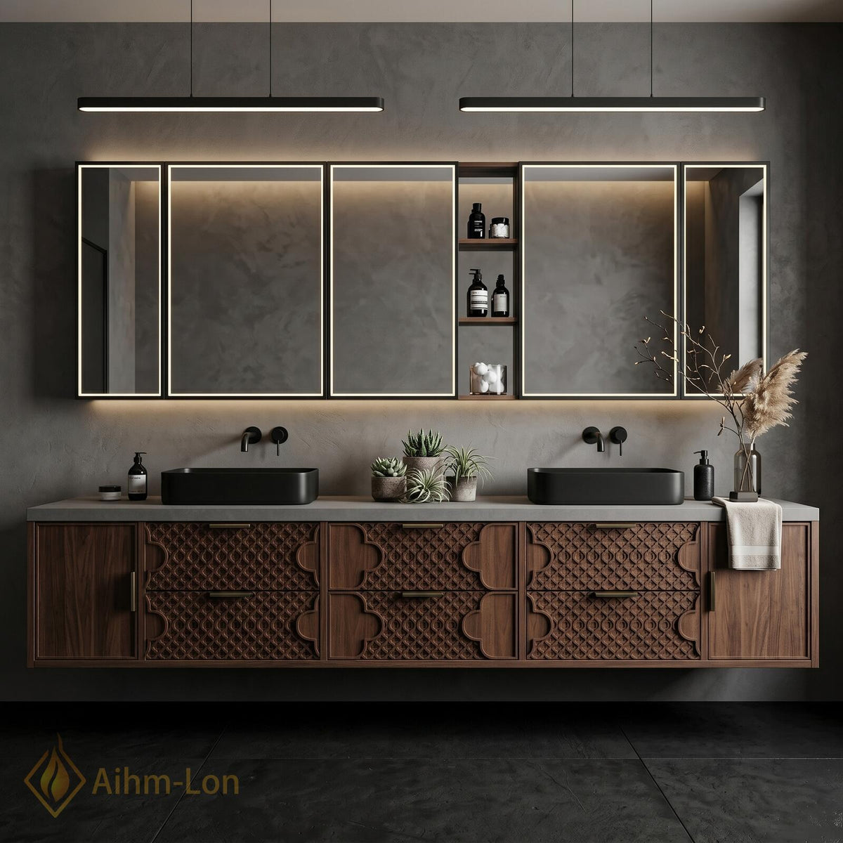 60''-96'' Double Bathroom Vanity with Sink Carved Lattice Drawers Dark Wood Wide Storage