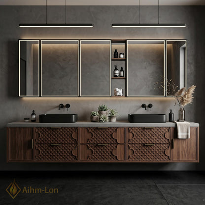 60''-96'' Double Bathroom Vanity with Sink Carved Lattice Drawers Dark Wood Wide Storage