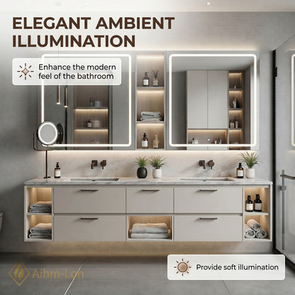 70''-96'' Double Bathroom Vanity with Sink Stone Top Illuminated Mirrors Storage