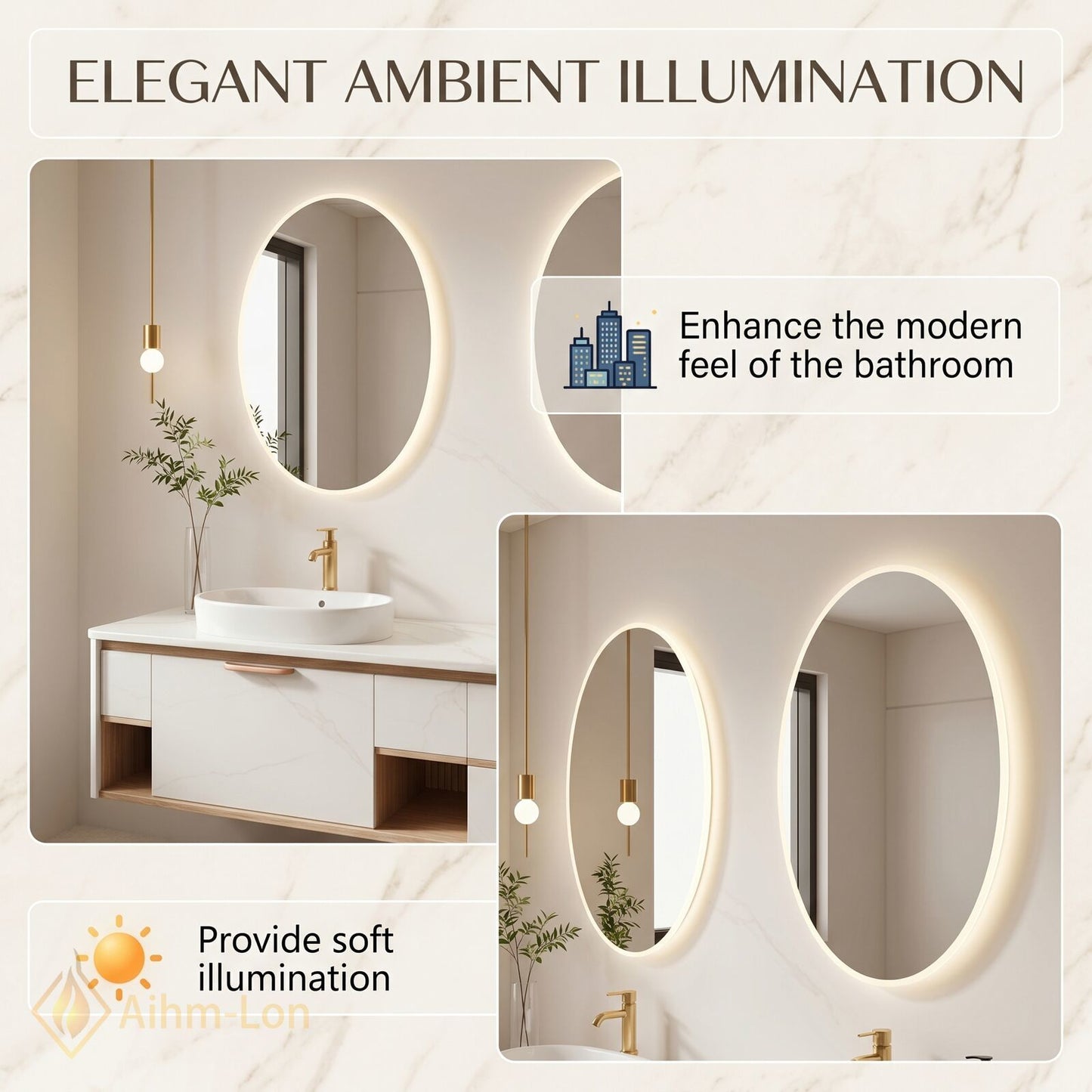 60''-96'' Floating Bathroom Vanity with Sink Double Basin Marble Pattern Finish Storage